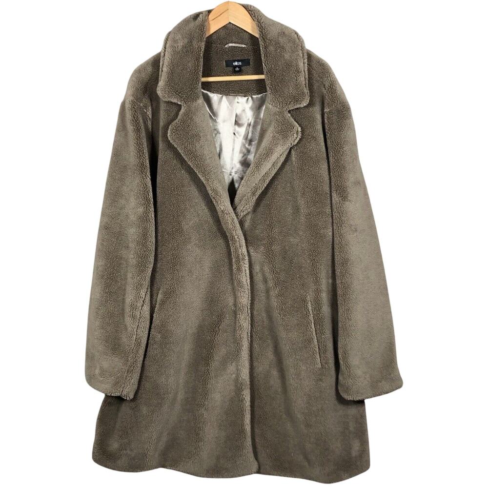Ellos Teddy Coat Bark Tan Faux Fur Plush Longline Jacket Winter 2X 26